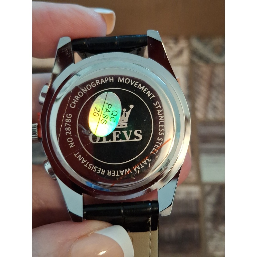 NIB OLEVS 2878G Silvertone Mens Chrono Watch,Date,Black Leather Band,Quartz Mvmt - Picture 5 of 6
